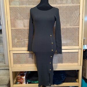 Elegant Black Knit Dress with Gold Button Accents